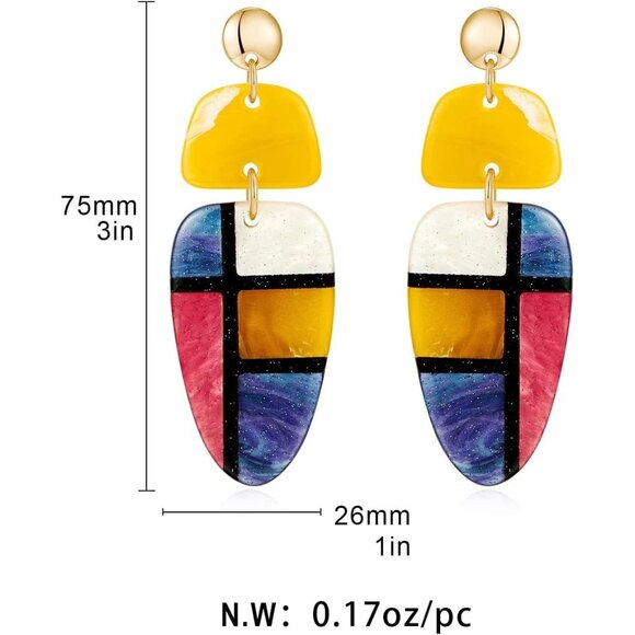 Women's Resin Plaid Boho Statement Dangle Earrings Multicolor Costume Jewelry - Picture 6 of 6